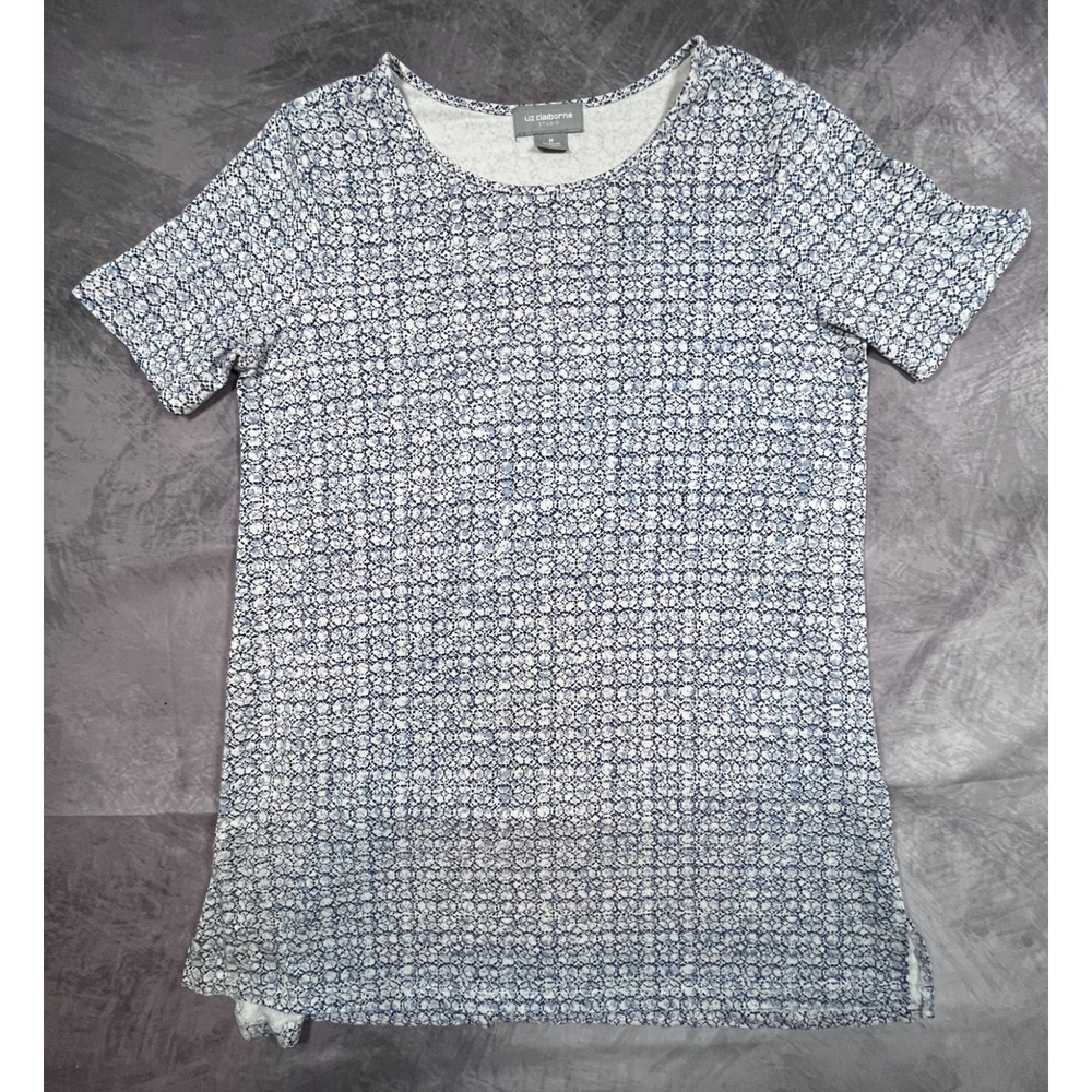 Liz Claiborne Studio Tunic Top Womens Medium Blue White Geometric Print Pullover